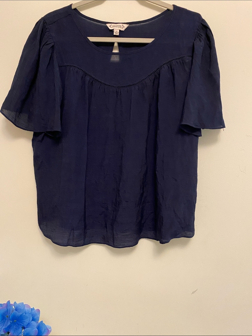 Anthropologie Navy Short Flutter Sleeve Blouse